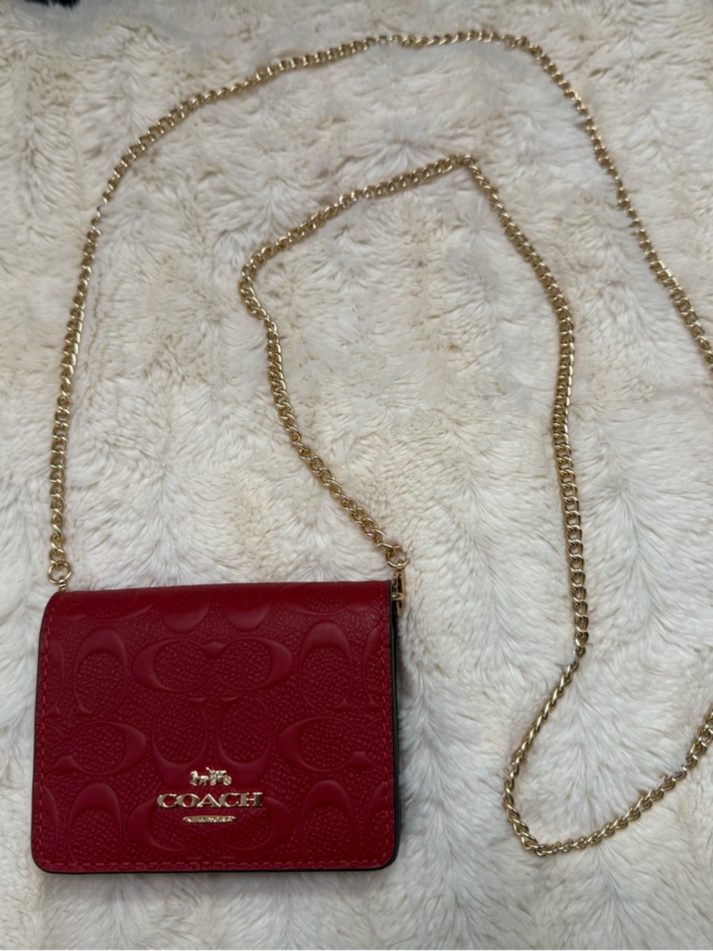 Coach Red Signature Embossed Leather Crossbody with Gold Chain